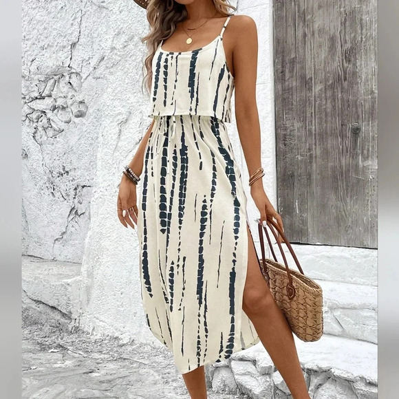 Tie-Dye Spaghetti Strap Dress With Waist Belt And Side Slit - Picture 4 of 6